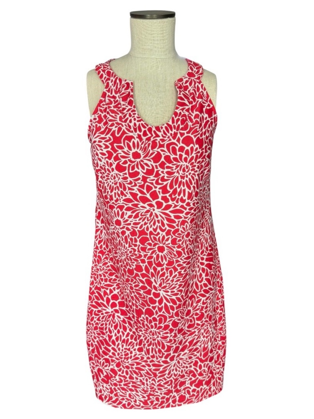 ARYEH Poppy Red Floral Sleeveless Split Neck Stretchy Shift Dress Sz S
